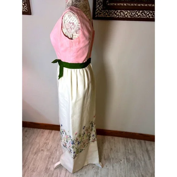 Vintage Embroidered Maxi Dress Pink Satin Bodice 60s Union Made S Mad Men era - Picture 13 of 17